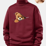 Zipper Bear Print Teddy Fleece Lined Turtle Neck Sweatshirt