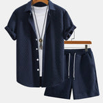 Rhombus Geometry Jacquard Button Up Shirt & Drawstring Shorts