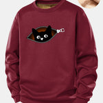 Zipper Black Cat Print Teddy Fleece Lined Sweatshirt