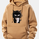 Black Cat Drinking Coffee Print Drawstring Hoodie