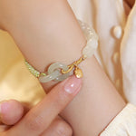 Buddha Stones Natural Hetian Jade Bead Double Peace Buckle Fu Character Abundance Braided Bracelet