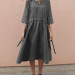 Zeagoo Women's Cotton And Linen V-Neck Lace up Pocket 3/4 Length Sleeve Summer Dresses
