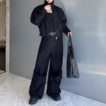 American Double-layered Collar Patchwork Jacket and Wide-leg Trousers Two-piece Set
