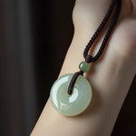 Buddha Stones Natural Round Jade Peace Buckle Luck Prosperity Necklace Pendant