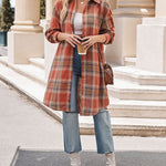 Zeagoo Plaid Longline Button-Up Shacket Lapel Neck Long Sleeve Shirt Pocket