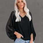 Zeagoo Sweet Cute Blouse Loose Puff Sleeve Mesh Patchwork V-Neck Top