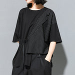 Fake Two-piece Straight Lace-up Striped Patchwork T-shirt