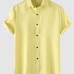 Men's solid color Cotton-linen button casual short-sleeved shirt