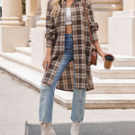 Zeagoo Plaid Longline Button-Up Shacket Lapel Neck Long Sleeve Shirt Pocket
