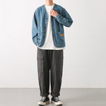Japanese Retro Washed Denim Collarless Jacket