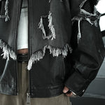 Patchwork Leather Distressed Frayed Edge Denim Hooded Jacket
