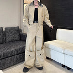 American Double-layered Collar Patchwork Jacket and Wide-leg Trousers Two-piece Set