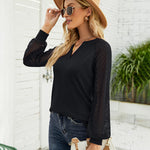 Zeagoo V Neck Tops Solid Color Blouse Long Sleeve Pullover Lace Patchwork Shirt