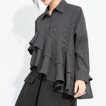 Women's Asymmetrical Double Layer Ruffle Hem Striped Shirt