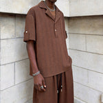 Textured Jacquard Collar Loose-Fit Shirt and Wide-Leg Casual Trousers Two-Piece Set