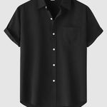 Men's Solid cotton casual lapel solid color short-sleeved shirt
