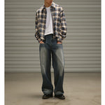 Raw Edge Cropped Loose Check Shirt