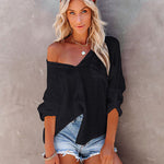 Zeagoo Solid Color V Neck Long Sleeve Button Down Blouse with Pockets