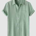 Men's solid color striped textured casual button-down Short Sleeve Shirt