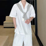 Striped Short-Sleeve Shirt with Shawl Detail