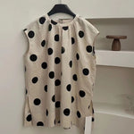 Round Neck Polka Dot Slit Mid-length Top Women's Cotton Linen Shirt
