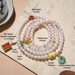 Buddha Stones 925 Sterling Silver Pearl Hetian Jade Red Agate Double Happiness Amber Luck Quadruple Wrap Bracelet (Extra 30% Off | USE CODE: FS30)