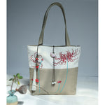 Buddha Stones Pear Flower Plum Peach Blossom Bamboo Embroidery Canvas Large Capacity Shoulder Bag Tote Bag