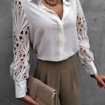 Zeagoo Elegant Lace V-NeckShirt Solid Color Hollow Out Long Sleeve Patchwork Blouse