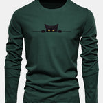 Long Sleeve Black Cat Print Cotton T-Shirt