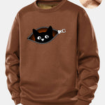 Zipper Black Cat Print Teddy Fleece Lined Sweatshirt