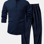 Long Sleeve Muscle Fit Ribbed Stand Collar Shirt & Straight Leg Ribbed Pants