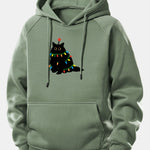 Christmas Lights Black Cat Print Drawstring Hoodie