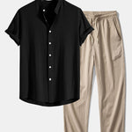 Linen And Rayon Blend Stand Collar Shirt & Wrinkle Textured Straight Leg Pants