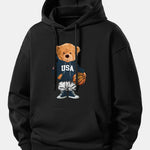 Basketball Bear Print Relax Fit Drawstring Hoodie