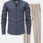 Long Sleeve Plaid Button Up Shirt & Slim Fit Tapered Trousers