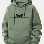 Black Cat Print Drawstring Hoodie