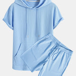 Kangaroo Pocket Ribbed Hooded T-Shirt & Drawstring Ribbed Shorts