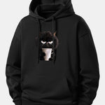 Black Cat Drinking Coffee Print Relax Fit Hoodie