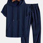 Kangaroo Pocket Ribbed Hooded T-Shirt & Straight Leg Ribbed Pants