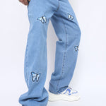 Butterfly embroidered straight-leg jeans