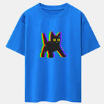Glitch Black Cat Print Drop Shoulder Oversize T-Shirt