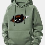 Zipper Black Cat Print Drawstring Hoodie