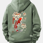 Koi Fish Lotus Print Drawstring Hoodie