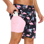 2 In 1 Tropical Flamingo Print Swim Shorts