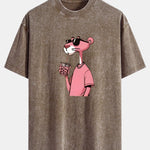 Pink Panther Print Washed Distressed Drop Shoulder T-Shirt