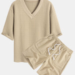 Relax Fit Geometric Jacquard V Neck Three Quarter Sleeve T-Shirt & Shorts