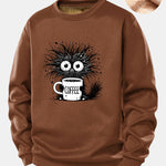 Black Cat Drinking Coffee Print Teddy Fleece Lined Sweatshirt