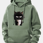 Black Cat Drinking Coffee Print Drawstring Hoodie