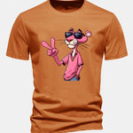 Regular Fit Pink Panther With V Sign Print Cotton T-Shirt