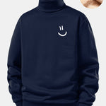 Smiley Face Print Teddy Fleece Lined Turtle Neck Sweatshirt